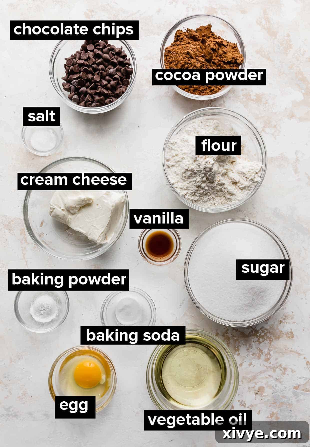 Ingredients used to make Double Chocolate Chip Cookies with cream cheese, beautifully arranged.