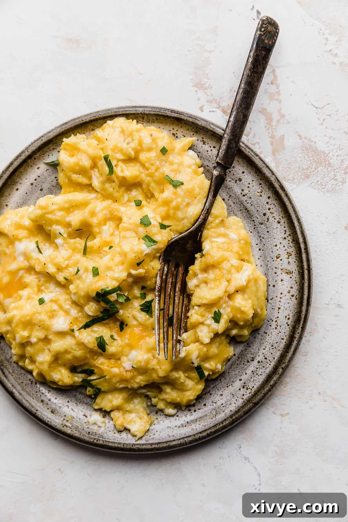 Gooey Cheese Scramble 2 Cheesy Scrambled Eggs on a gray plate with a fork next to the eggs, garnished with fresh herbs.