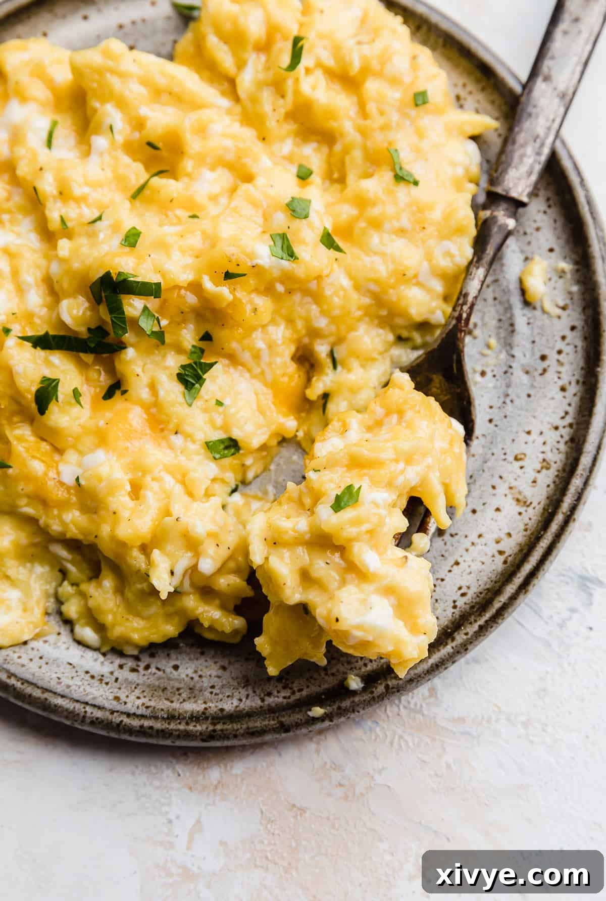 Gooey Cheese Scramble 9 Close up photo of Cheesy Scrambled Eggs topped with fresh parsley, highlighting the texture and melted cheese.