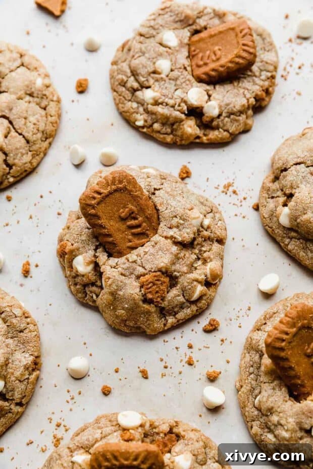 Freshly baked Crumbl Biscoff White Chip Cookies on a cooling rack.
