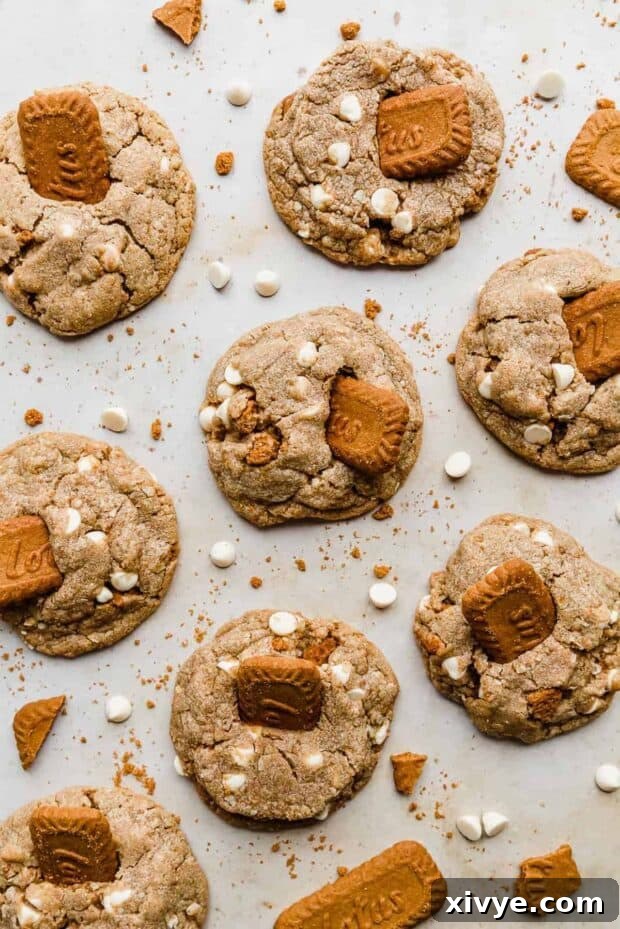 A stack of Crumbl Biscoff White Chip Cookies garnished with Biscoff cookies.