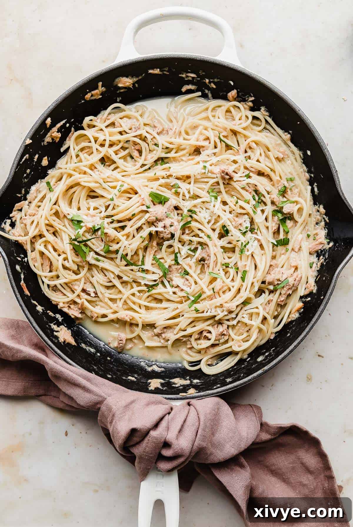A skillet full of Tuna Carbonara.