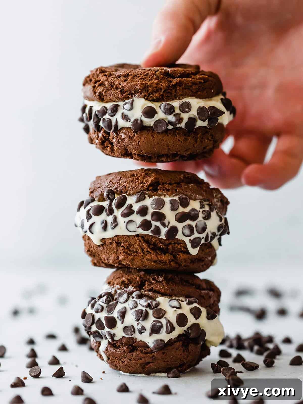 Cookie Ice Cream Delight 11 Three cookie ice cream sandwiches on top of each other.