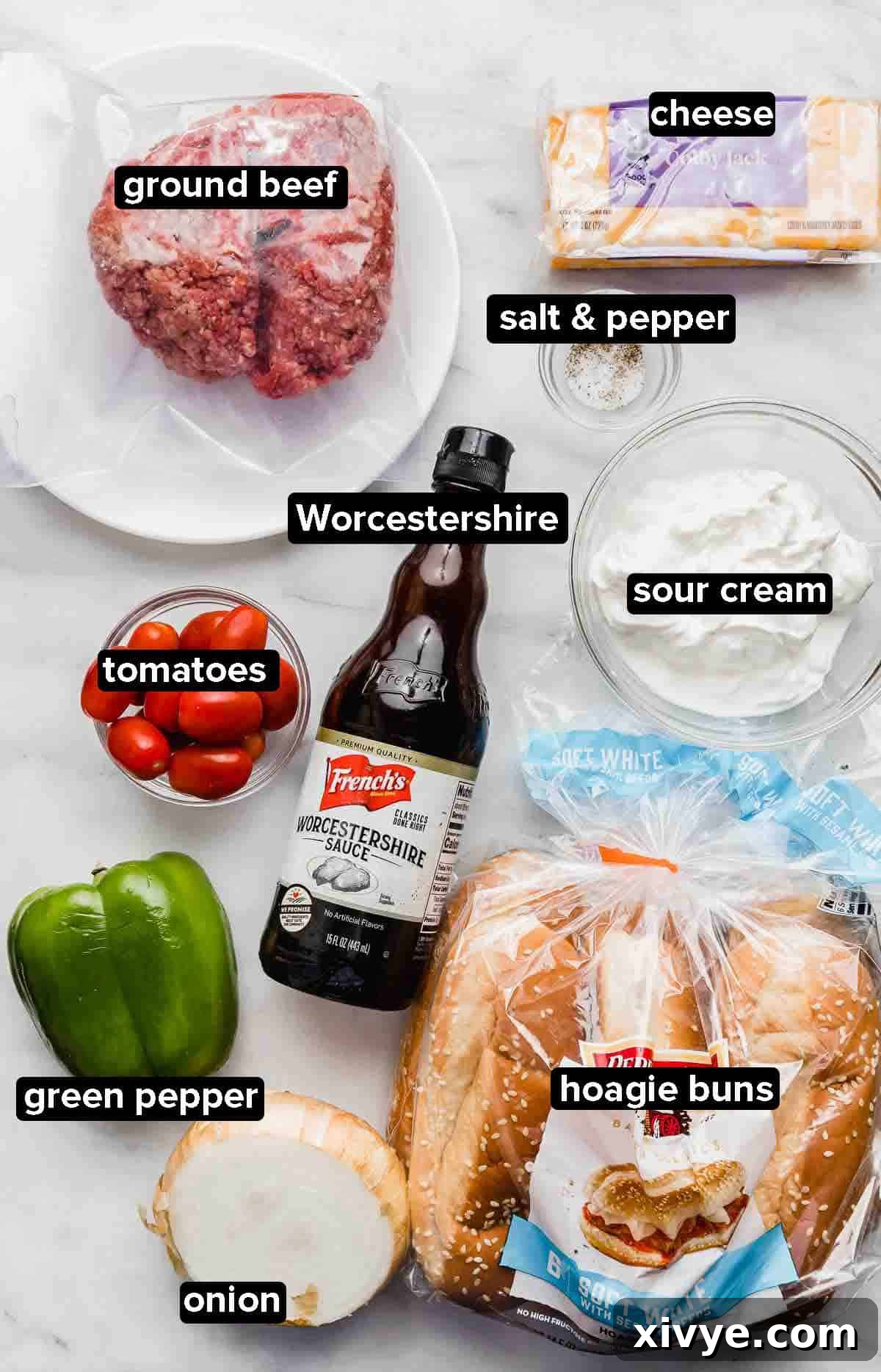 Beef Stroganoff Sandwich ingredients on a white background.