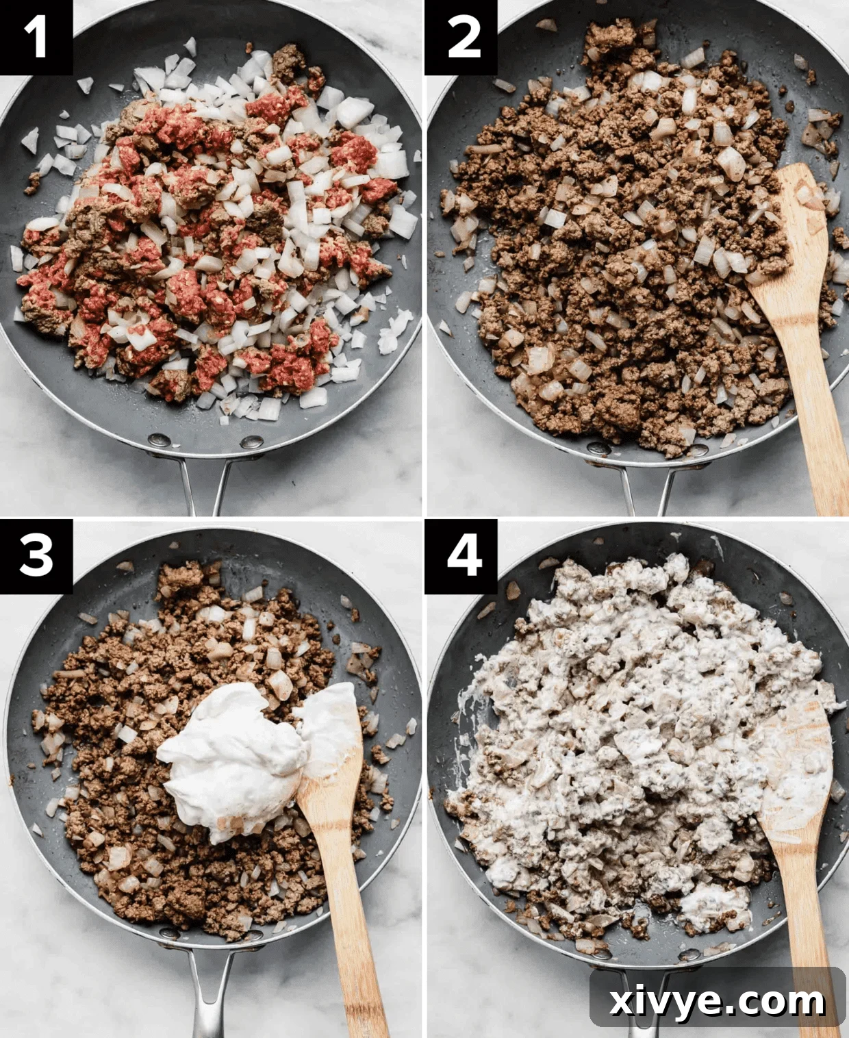 Four images showing a skillet with raw ground beef and diced onions, then cooking the meat, and adding sour cream and mixing it together.