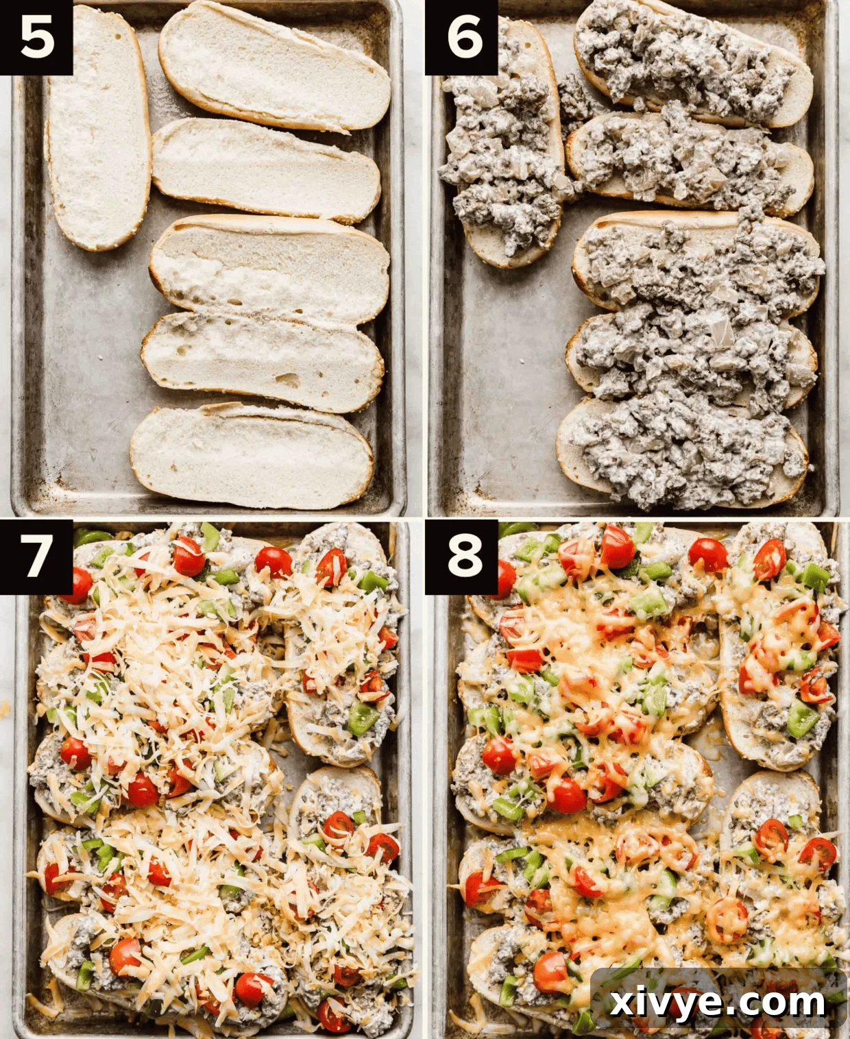 Four images: top left is hoagie bun halves on a baking sheet, top right image is beef stroganoff mixture on top of the bread halves, bottom left image is the buns and meat topped with tomatoes, green peppers, and shredded cheese, bottom right image is the Beef Stroganoff Sandwiches baked.