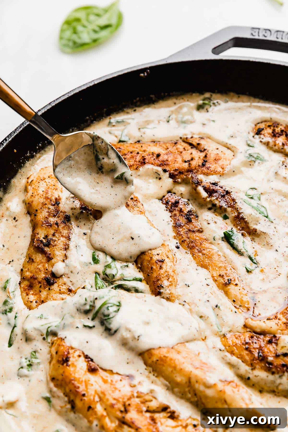 A spoon pouring a tuscan chicken gravy overtop chicken tender pieces in a skillet.