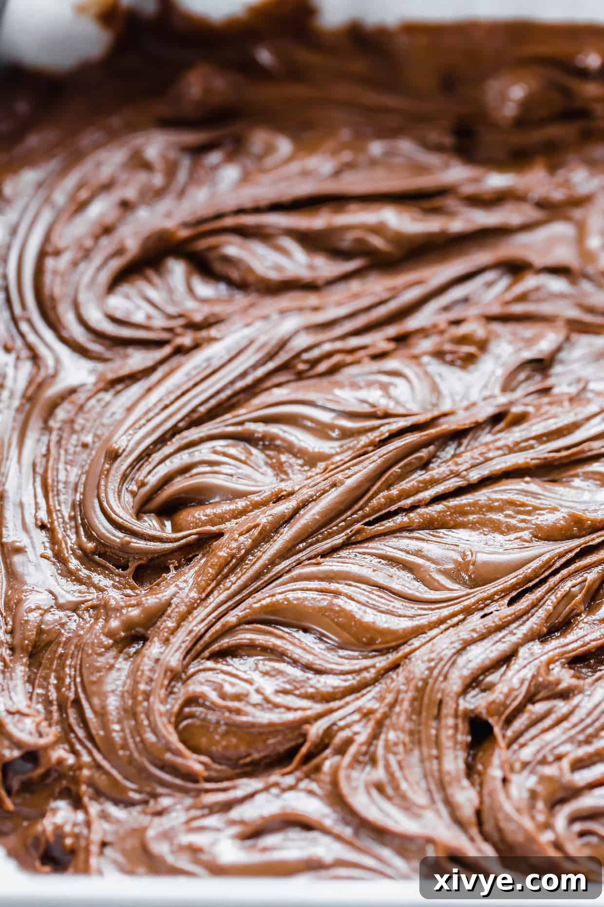 Decadent Nutella Hazelnut Brownies 6 Nutella Brownies batter having dollops of Nutella swirled into the batter, creating a beautiful marbled effect.