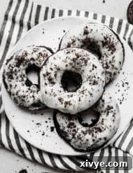 Oreo Donuts on a striped napkin, a close-up shot of the finished product.