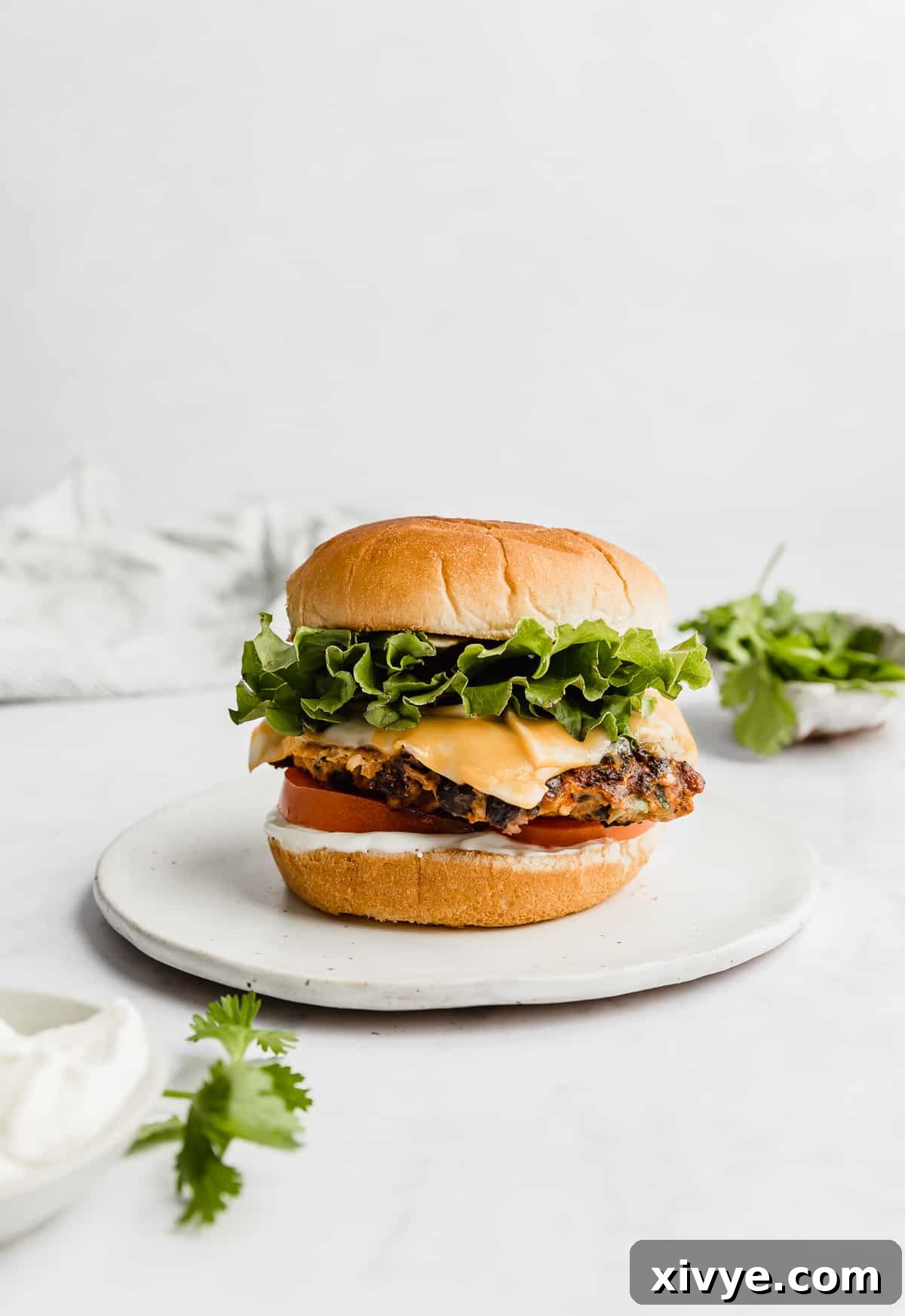 Fiesta Turkey Burgers 8 A vibrant Taco Turkey Burger served on a bun with crisp lettuce and a slice of red tomato, presented against a clean white background.