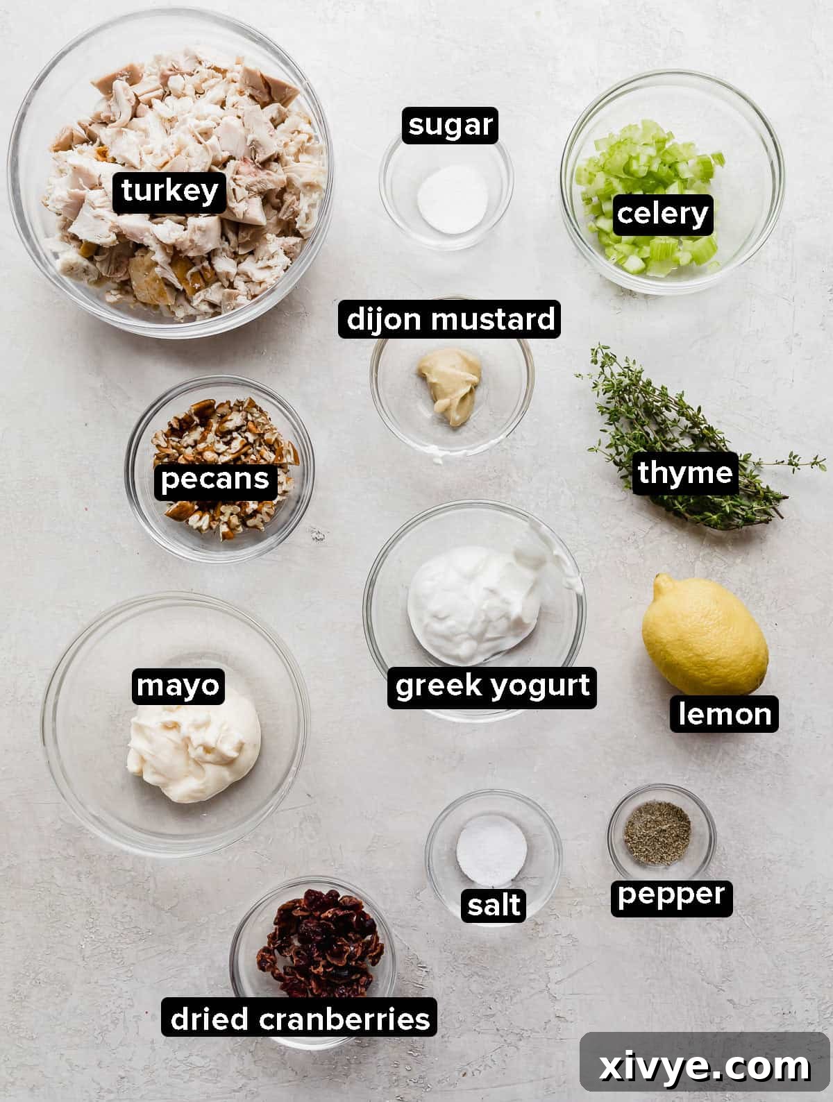 Leftover Turkey Salad ingredients on a gray background.