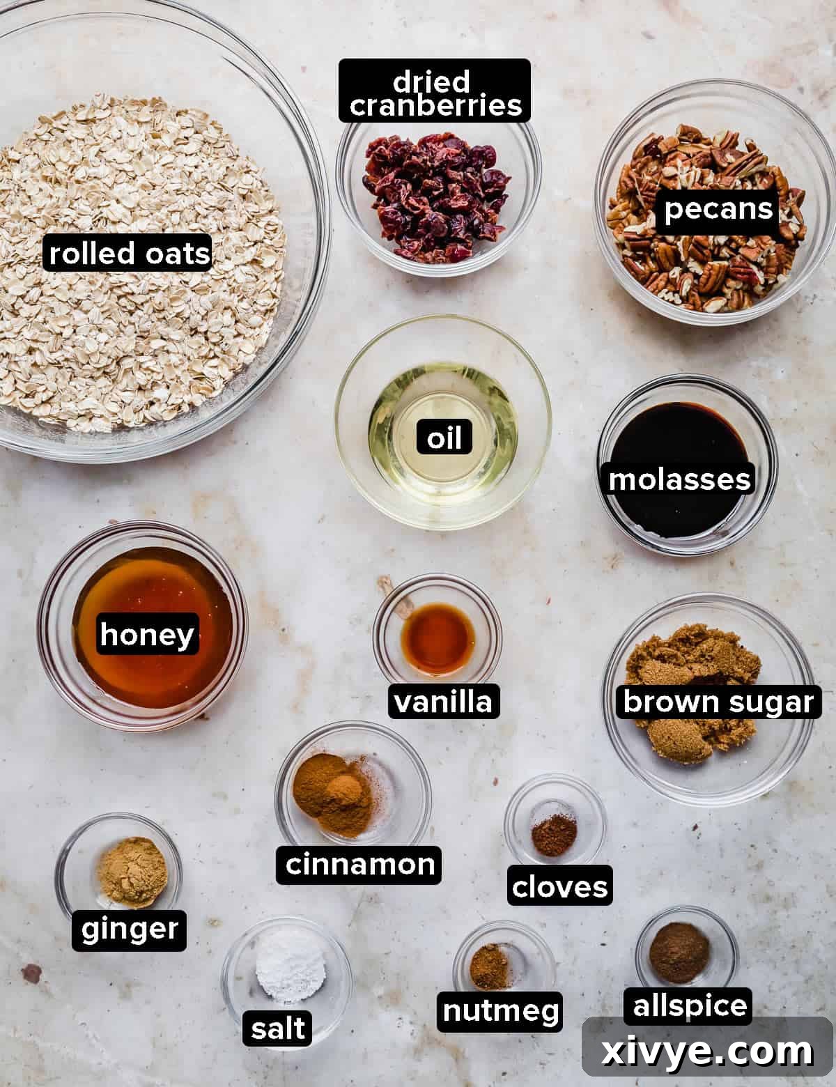 Festive Gingerbread Granola 3 An assortment of Gingerbread Granola ingredients in clear glass bowls on a textured gray background, showcasing oats, spices, cranberries, and sweeteners.