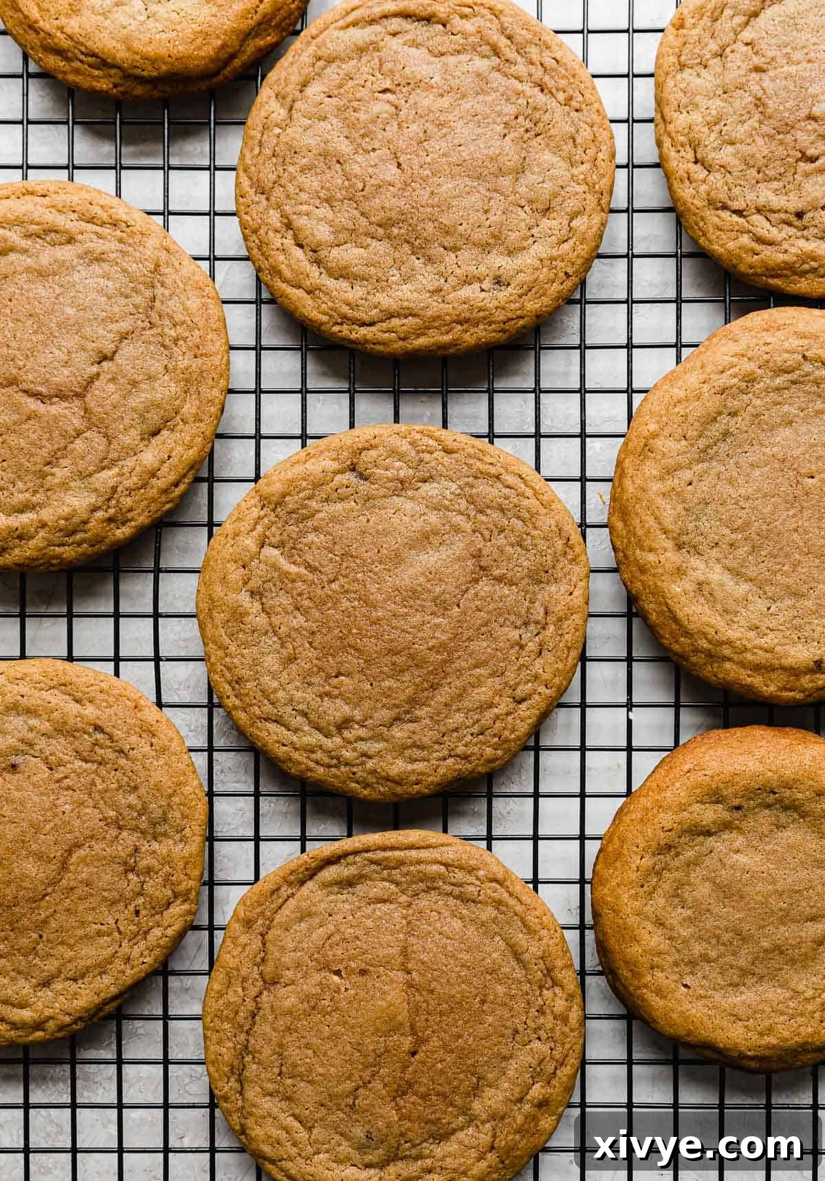 Crumbl Cookie Dough Dream 9 Brown sugar baked cookies on a black wire cooling rack.