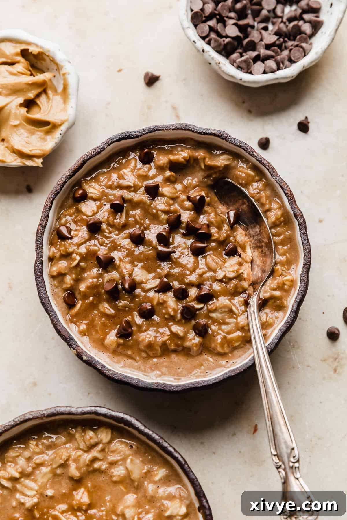 Chocolate Peanut Butter Protein Oatmeal topped with mini chocolate chips in a black bowl. 