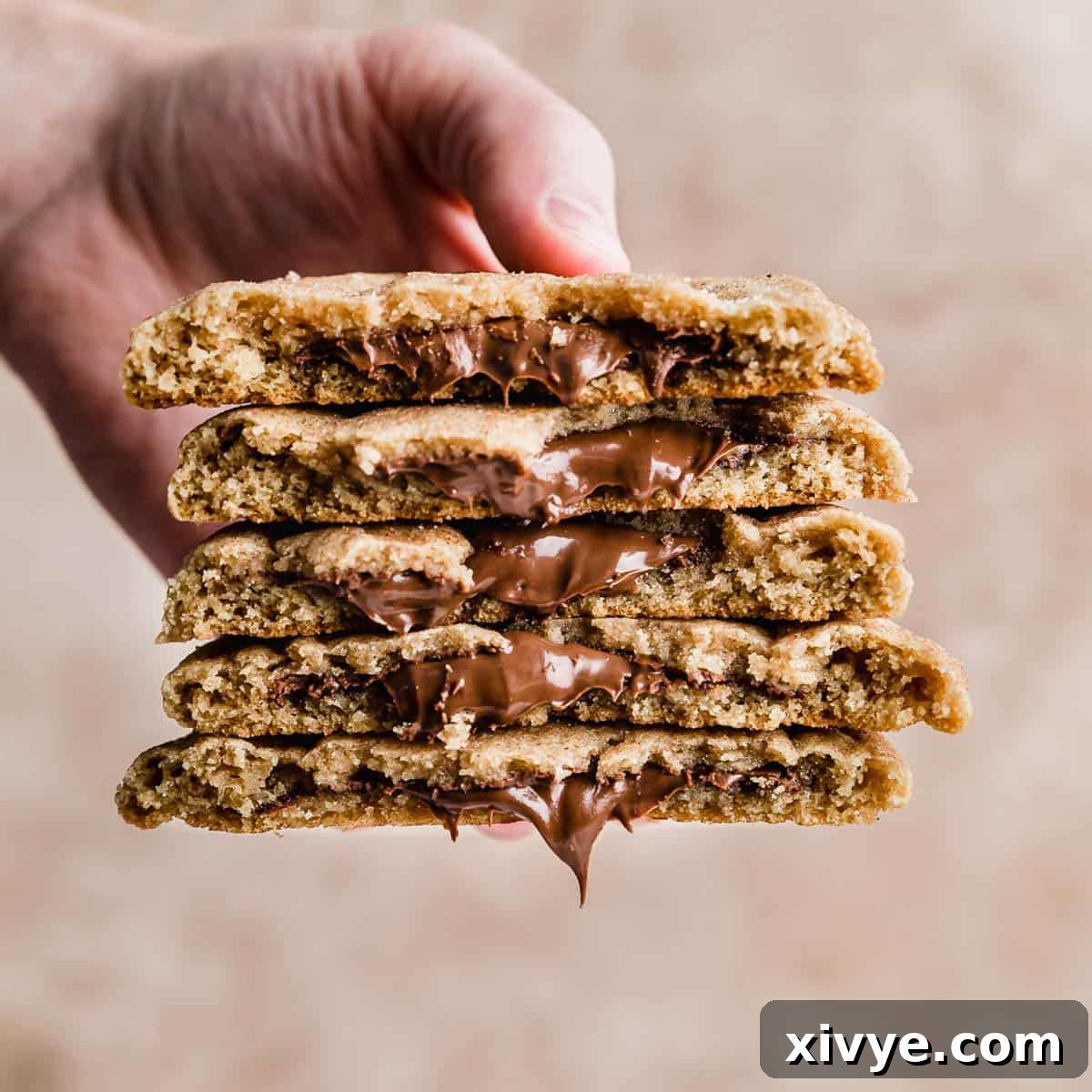 A delicious stack of five Crumbl Hazelnut Churro Cookies, broken in half to reveal the soft churro dough surrounding a luscious hazelnut spread filling, against a warm beige background.