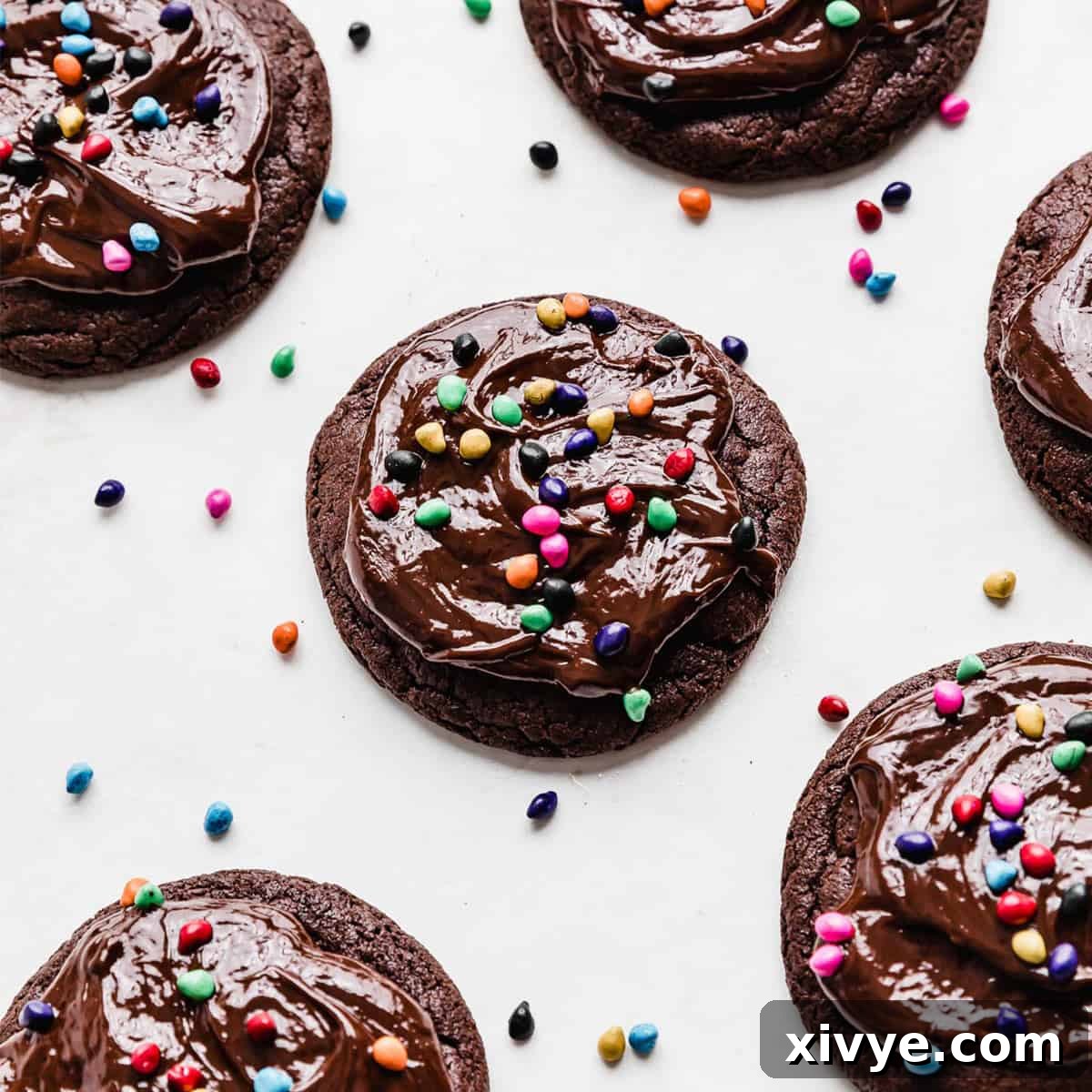 A decadent chocolate cookie, artfully topped with smooth chocolate ganache and vibrant rainbow chips, perfectly mimicking a Cosmic Brownie.
