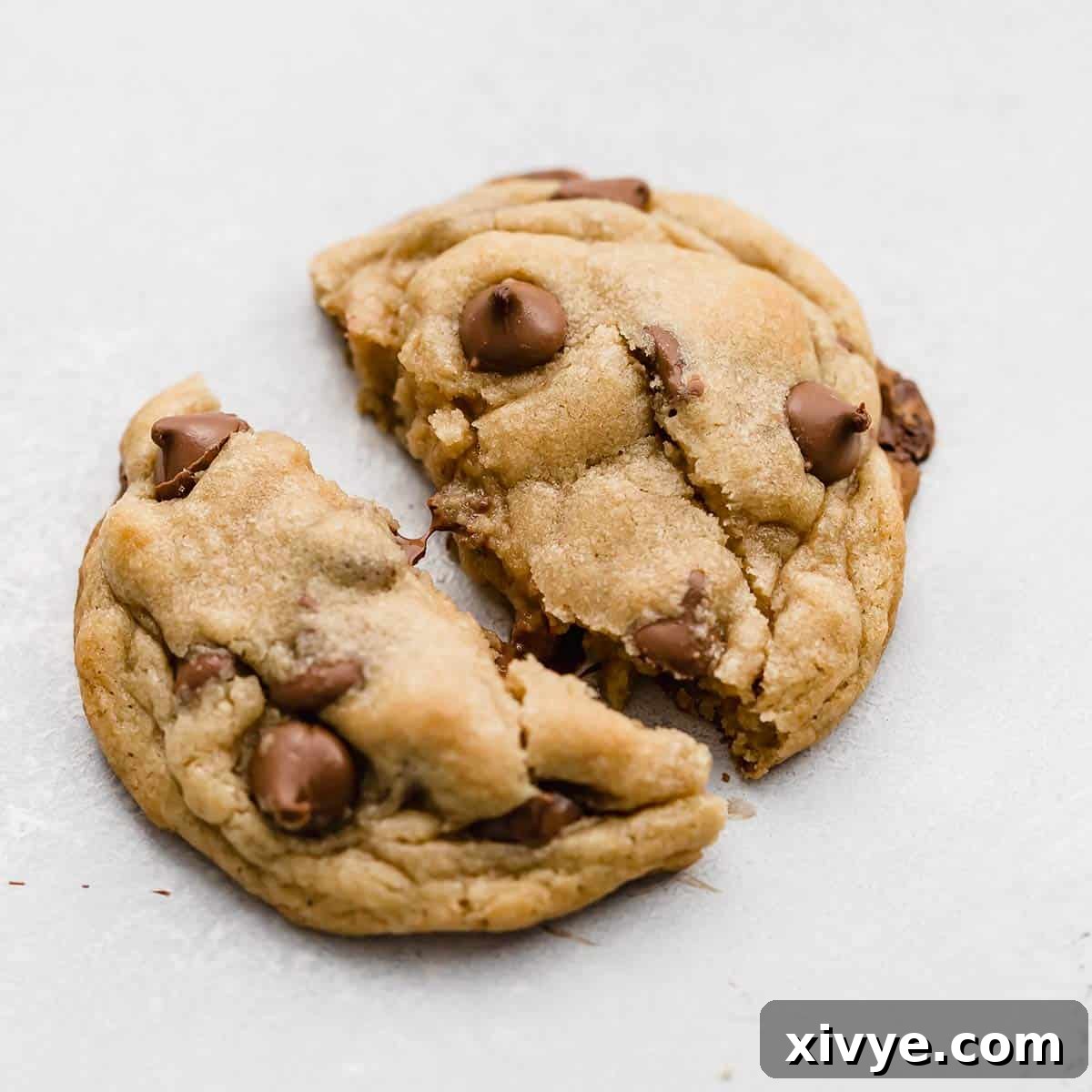 A perfectly baked, thick, and chewy copycat Crumbl Chocolate Chip Cookie on a pristine white background, showcasing its golden edges and melted chocolate chips.