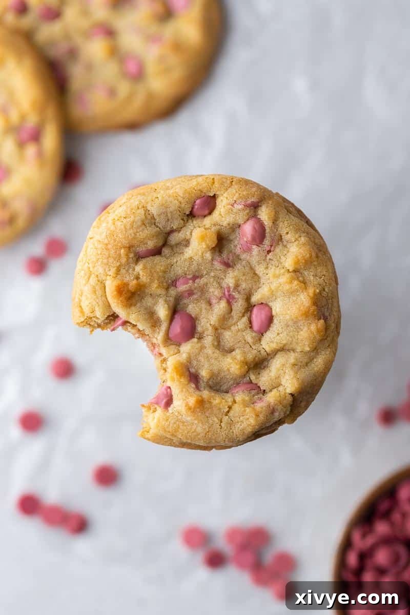 A stack of beautifully soft and chewy Crumbl Ruby Chocolate Chip Cookies, featuring vibrant ruby chocolate chips and a delightful hint of almond and vanilla flavors.