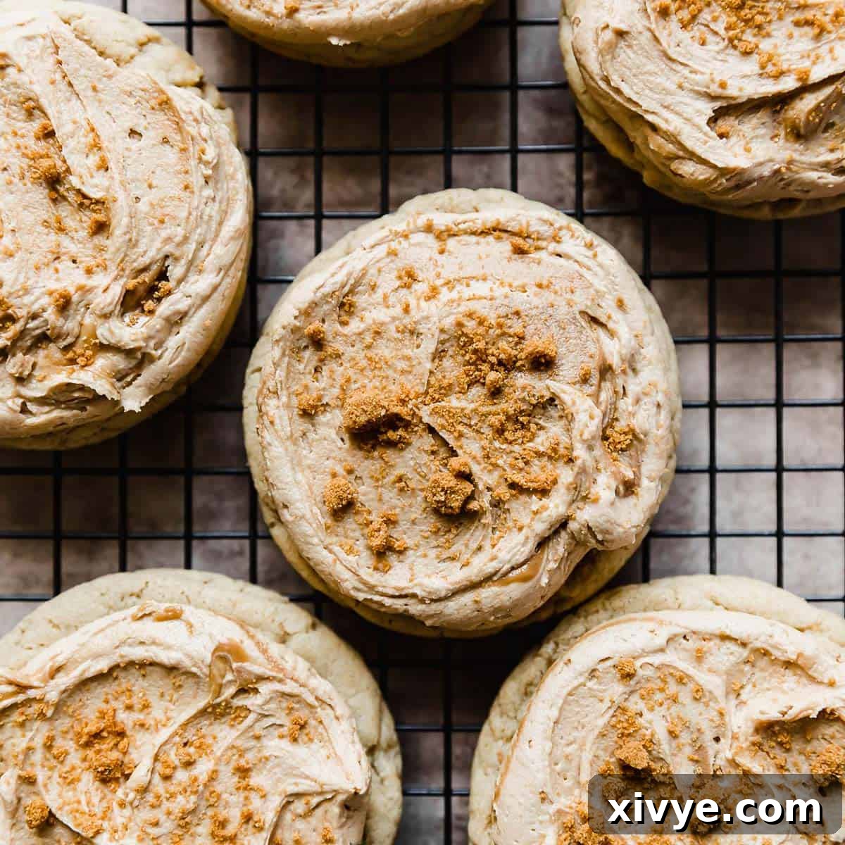A tempting Crumbl Cookie Butter Cookie, artfully topped with smooth cookie butter frosting and crunchy Biscoff cookie crumbs, resting on a black cooling rack.