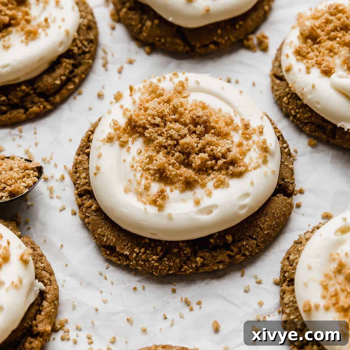 A delectable graham cracker cookie topped with a luscious swirl of vanilla cream cheese frosting and sprinkled with graham cracker crumbles, mimicking a New York cheesecake.