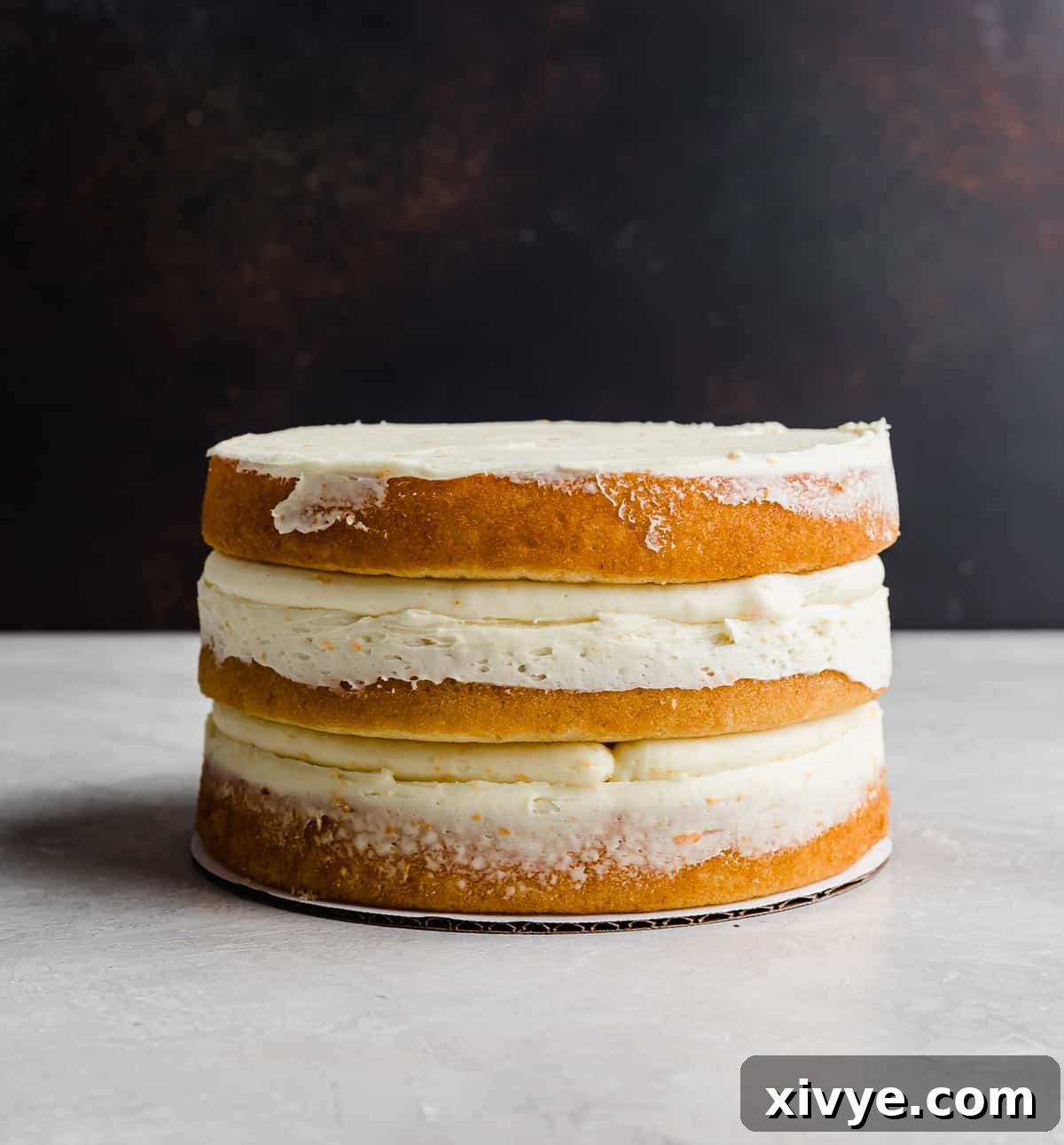 A three layered naked cake against a brown background, showing the careful assembly.