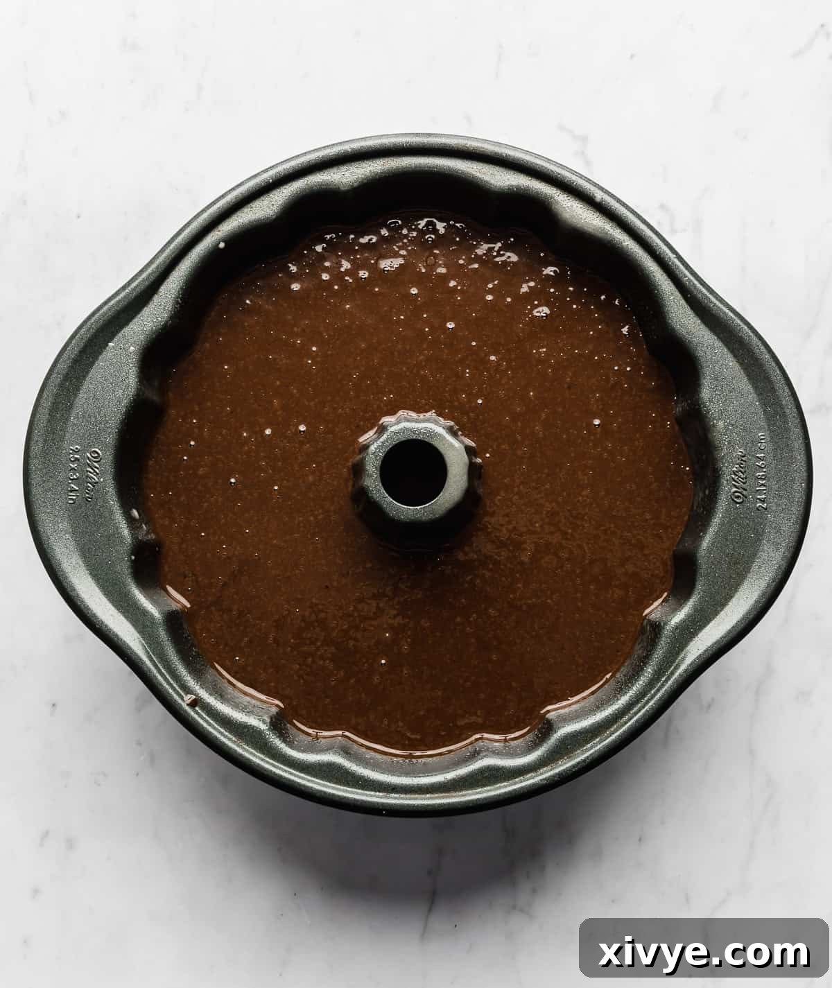 Chocolate Bundt Cake batter in a bundt pan.