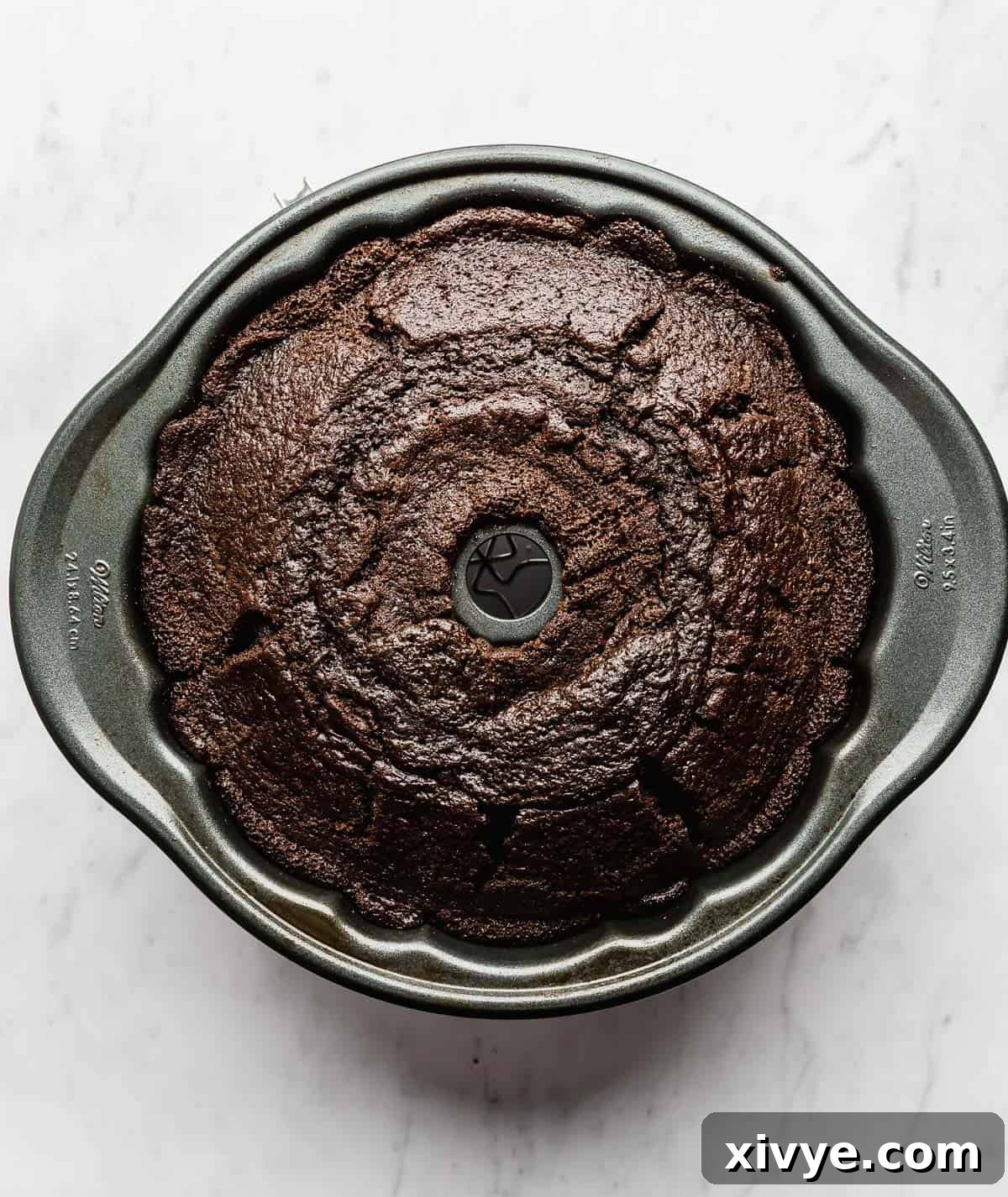 A baked chocolate Bundt Cake in a bundt pan on a white background.