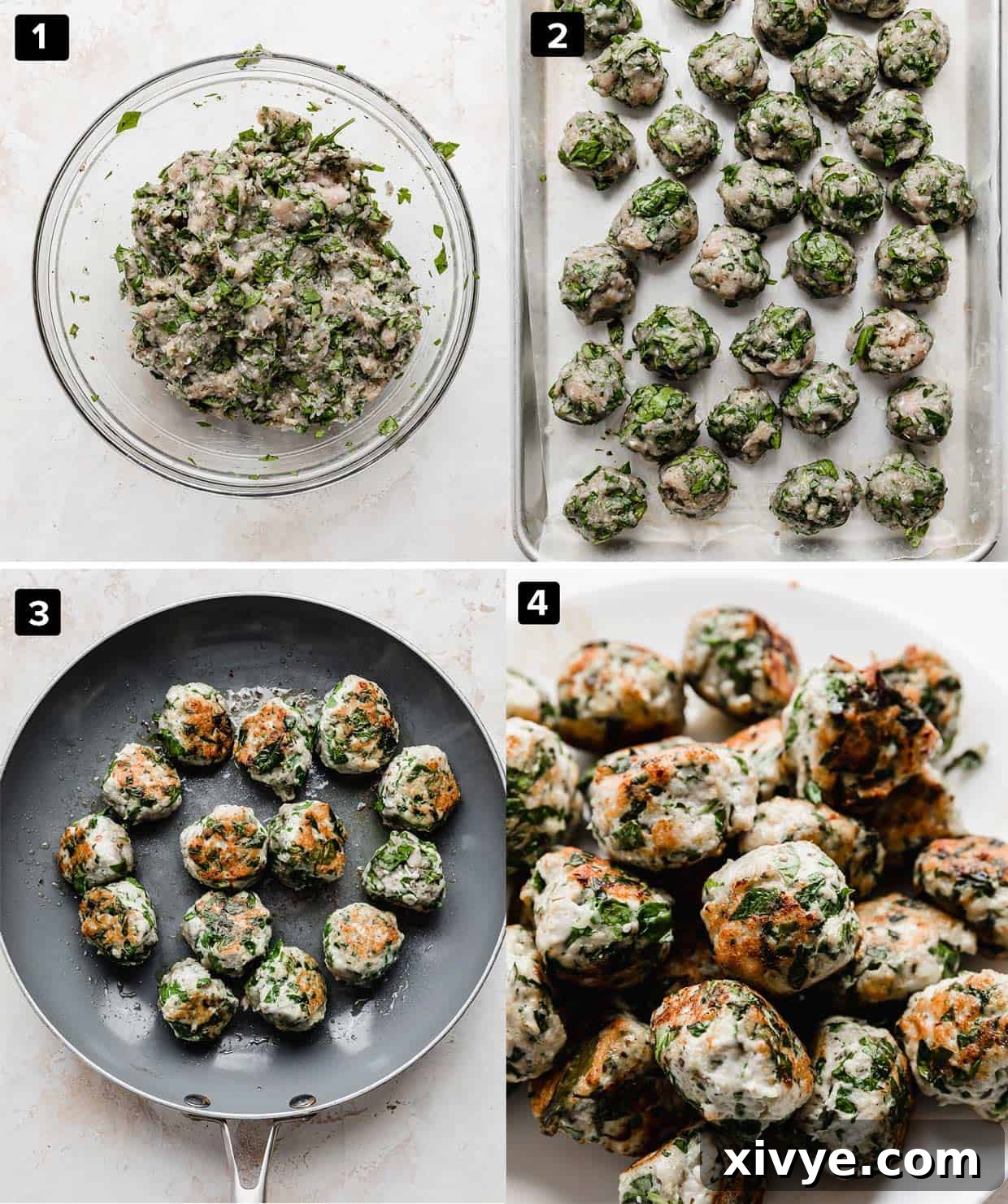 A four-photo collage showcasing the preparation stages of the turkey spinach meatballs, from mixing ingredients to shaping and browning.