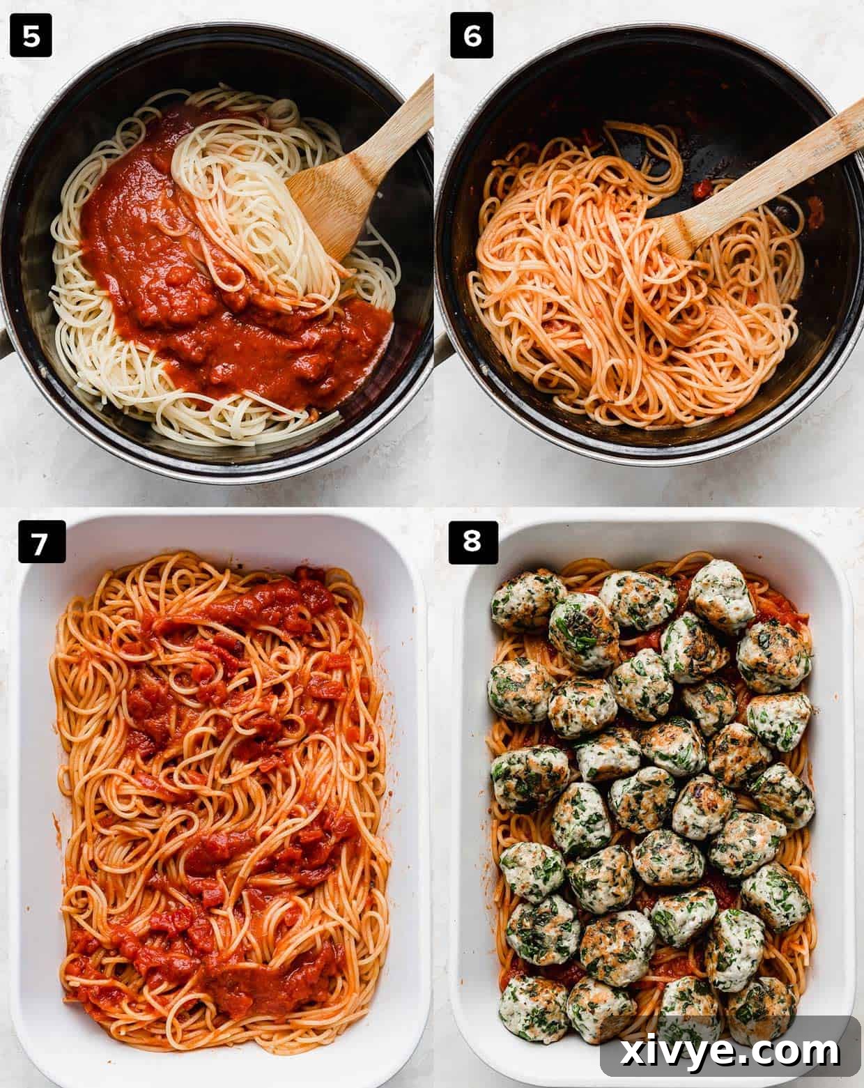 A four-photo collage illustrating the assembly process: spaghetti being coated with marinara, transferred to a baking dish, and topped with meatballs and cheese.