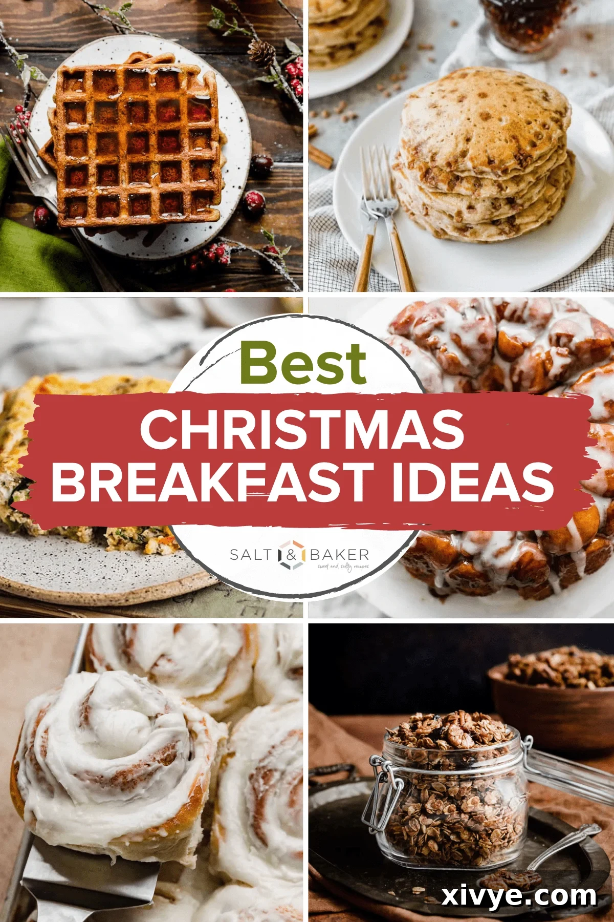 A collage of images that are recipes for Christmas morning including cinnamon rolls, cinnamon chip pancakes, gingerbread waffles, monkey bread, breakfast casserole and gingerbread granola!