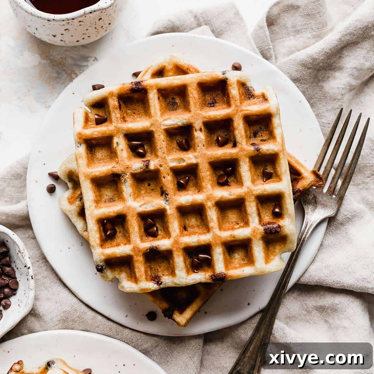 Chocolate Chip Waffles on a white plate with a fork to the right of the plate.