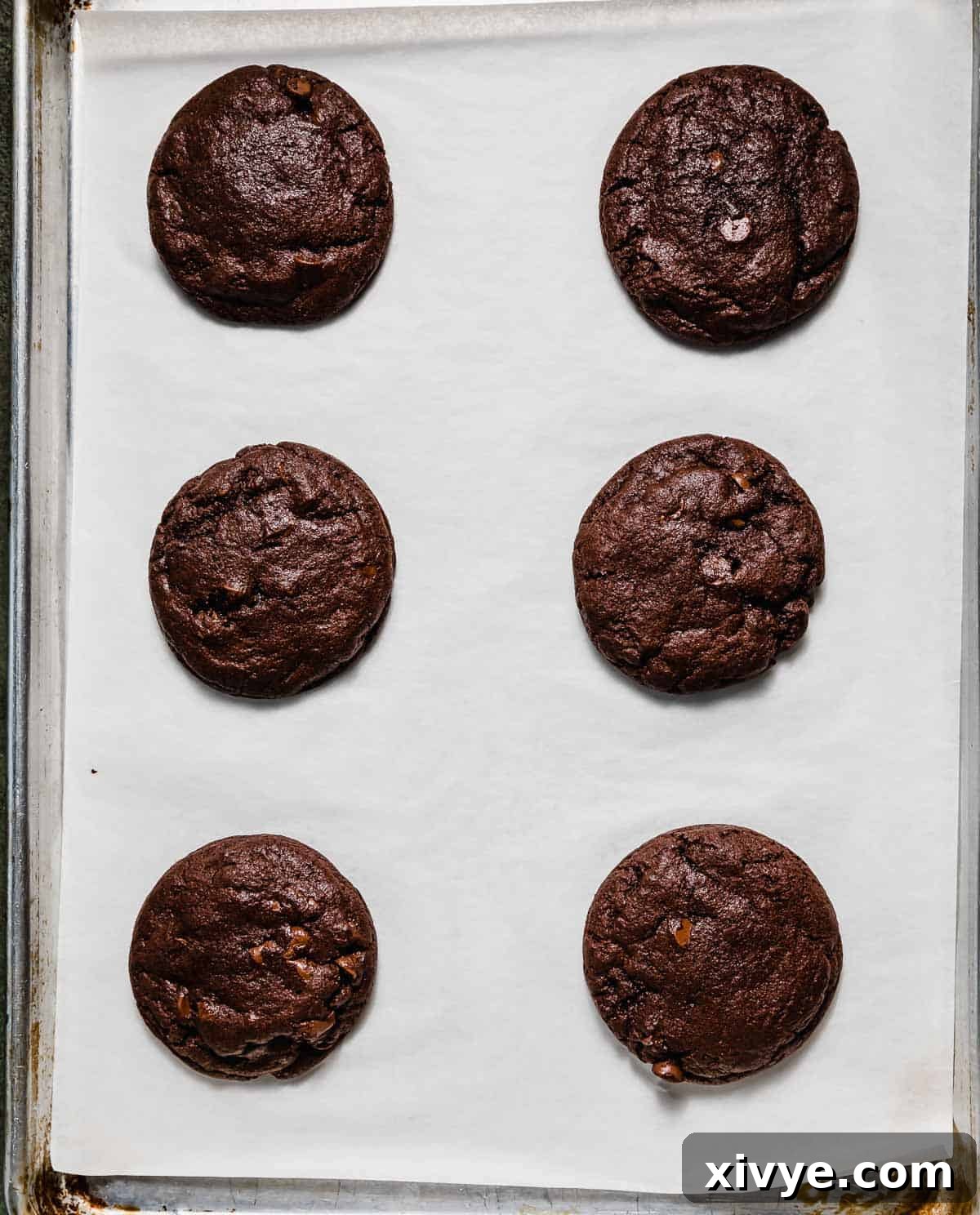 Peppermint Bark Bites 6 Six baked chocolate Peppermint Bark Cookies on a white parchment paper.