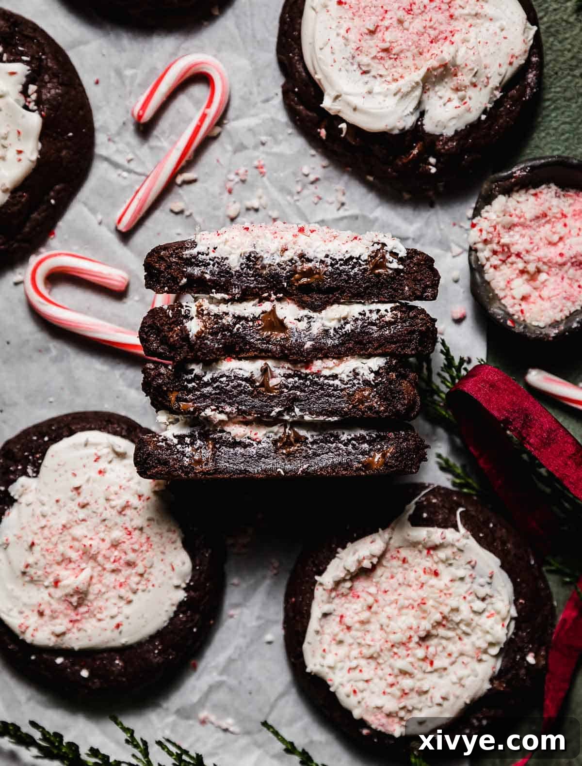 Peppermint Bark Bites 9 White chocolate and candy cane topped chocolate Peppermint Bark Cookies.