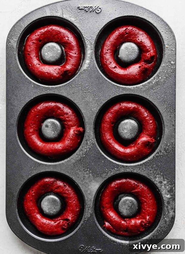 Velvet Dream Doughnuts 6 A donut pan perfectly filled with bright red red velvet donut batter, ready for baking.