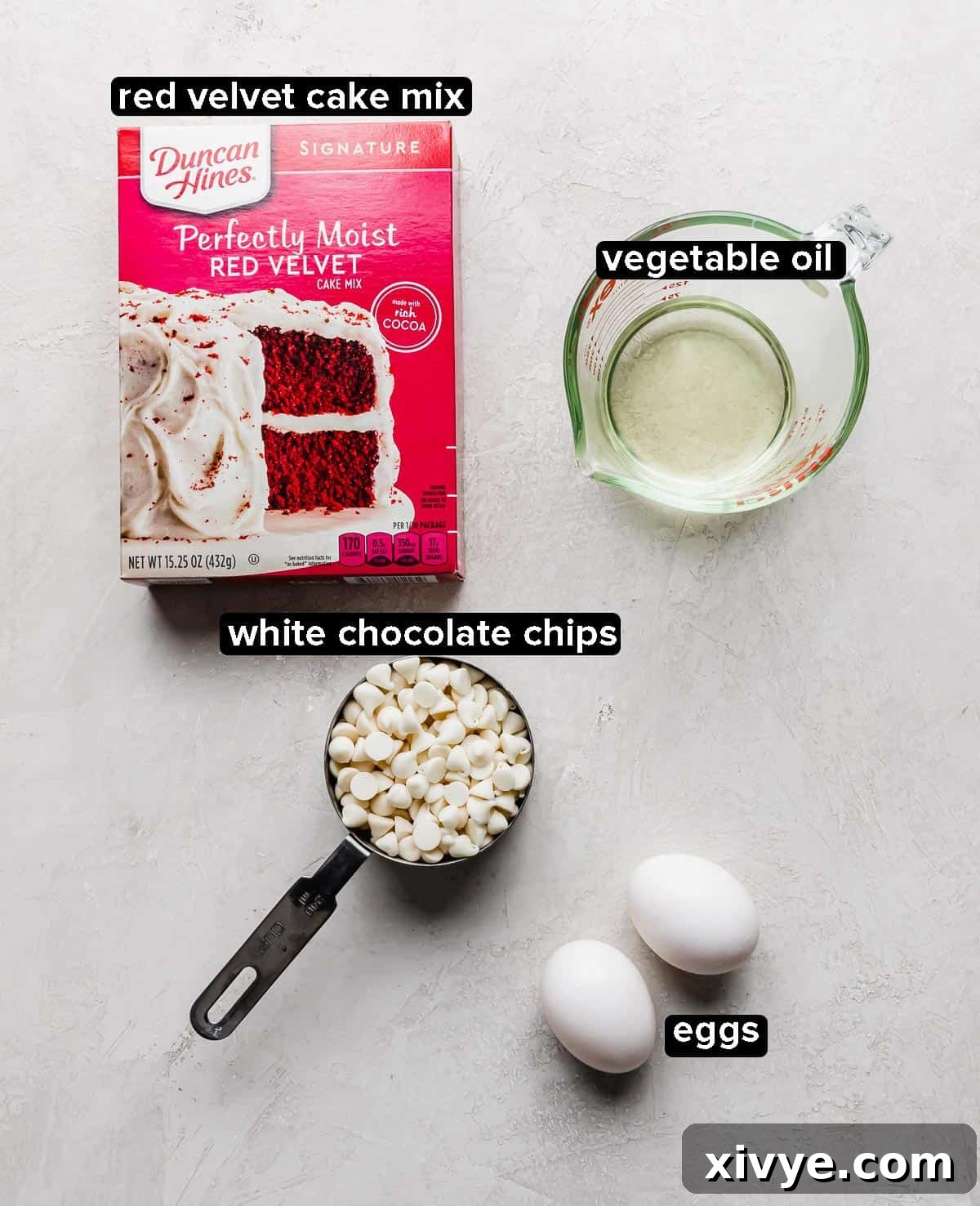 Red Velvet Cake Cookies 3 Ingredients used to make Red Velvet Cake Mix Cookies: cake mix, oil, eggs, white chocolate chips.