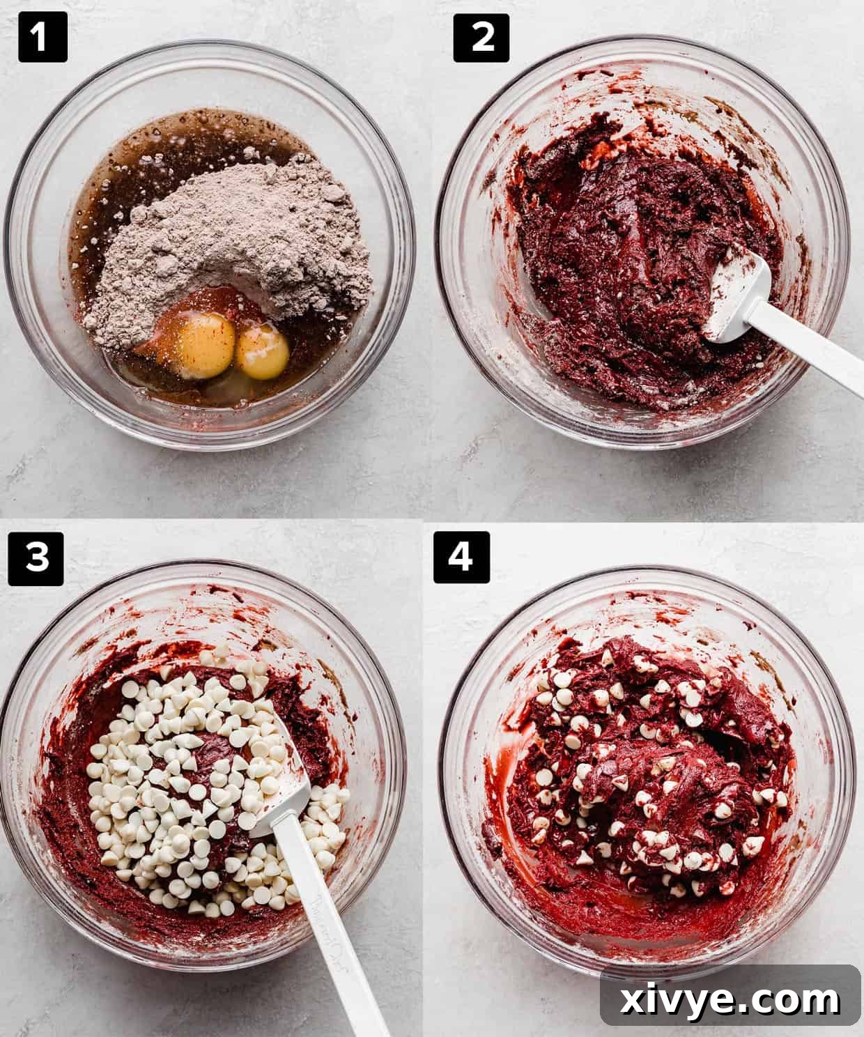 Red Velvet Cake Cookies 4 Collage of four photos illustrating how to make Red Velvet Cake Mix Cookies.