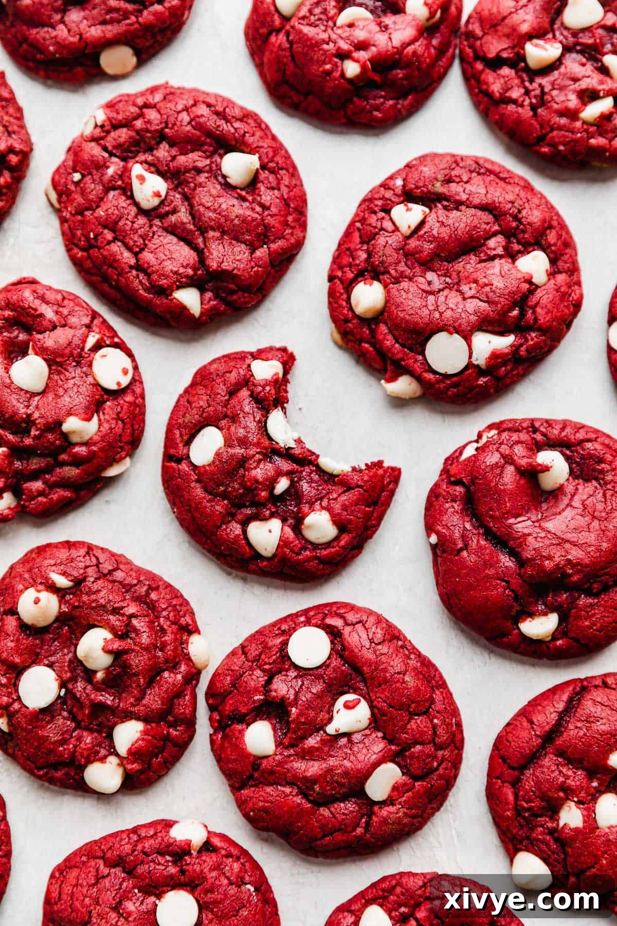 Red Velvet Cake Cookies 8 White chocolate chip Red Velvet Cake Mix Cookies on a white background.
