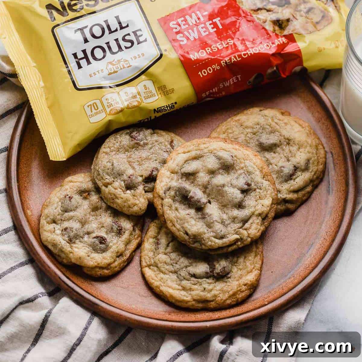 A charming photo of classic Nestle Toll House Chocolate Chip Cookies artfully arranged on a rustic brown plate, showcasing their golden-brown edges and gooey chocolate.