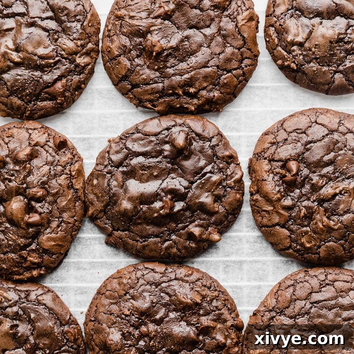 An inviting overhead photograph of freshly baked Brownie Mix Cookies, cooling on white parchment paper, highlighting their rich, dark color and soft texture.