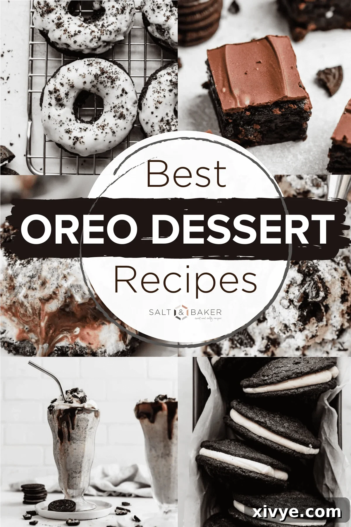 Irresistible Oreo Creations 2 A vibrant collage of mouth-watering Oreo dessert recipes including an Oreo milkshake, fudgy Oreo brownies, classic Oreo cookies, delightful Oreo donuts, and more!