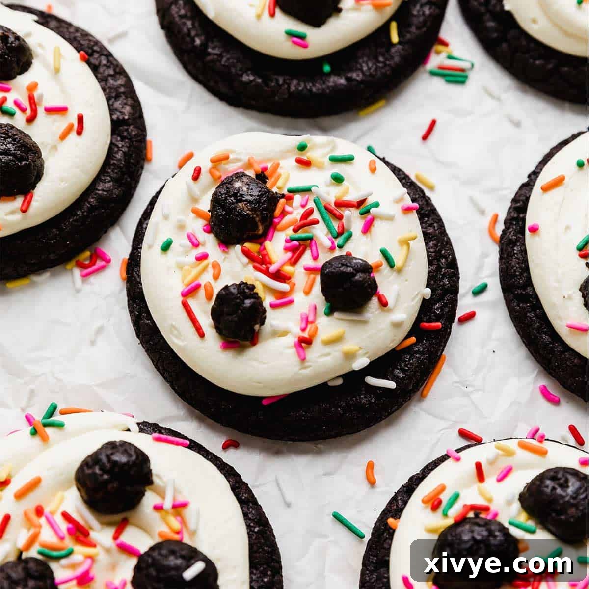 Irresistible Oreo Creations 13 A delightful array of homemade Oreo cookies, generously topped with a creamy white cake batter frosting, colorful sprinkles, and charming mini Oreo truffles, all set against a clean white background.