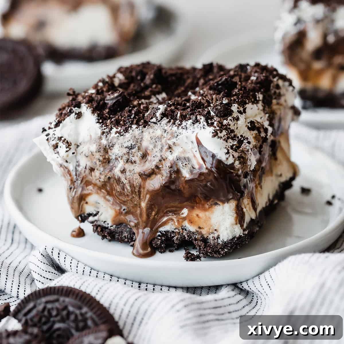 Irresistible Oreo Creations 19 A delectable slice of Oreo Ice Cream Cake, beautifully presented on a white plate and garnished with extra crushed Oreos, ready to be savored.
