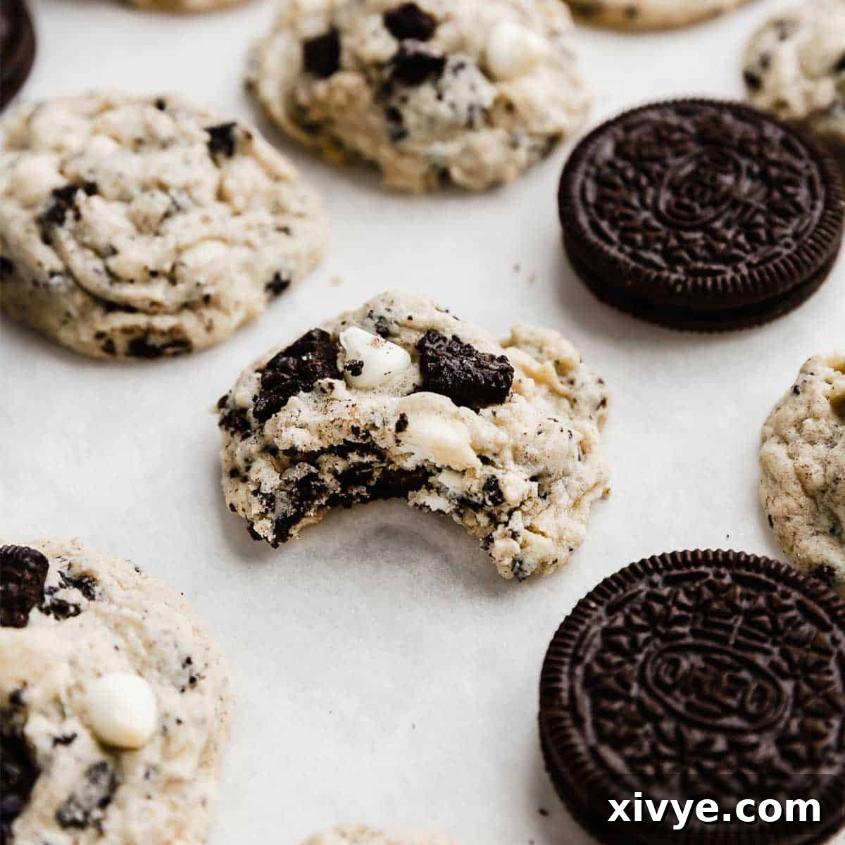 Irresistible Oreo Creations 24 A delicious Cookies and Cream Cookie with a bite taken out, resting on a white parchment paper, revealing its soft interior and abundant Oreo pieces.