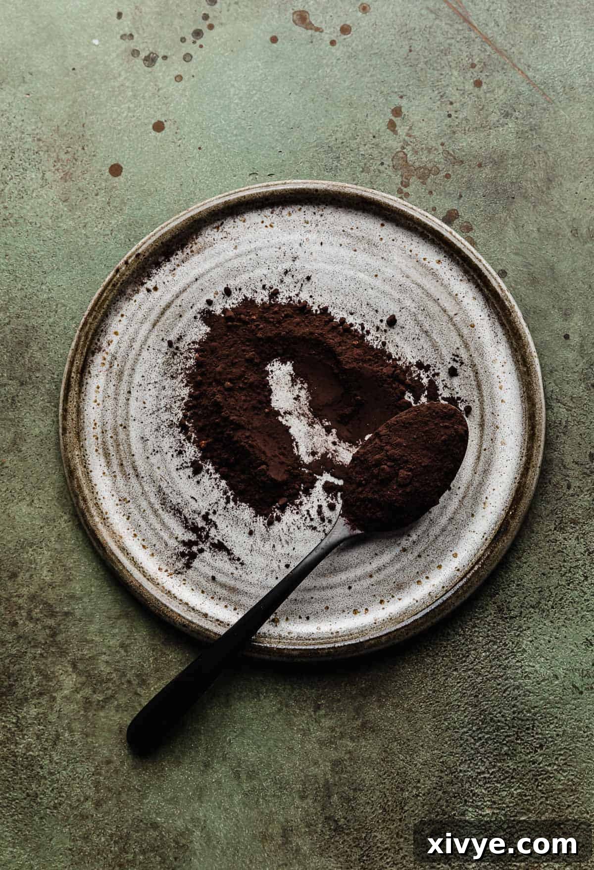Your Comprehensive Guide to Black Cocoa Powder 4 A gray plate with a scoop of black cocoa powder on it, highlighting its texture.