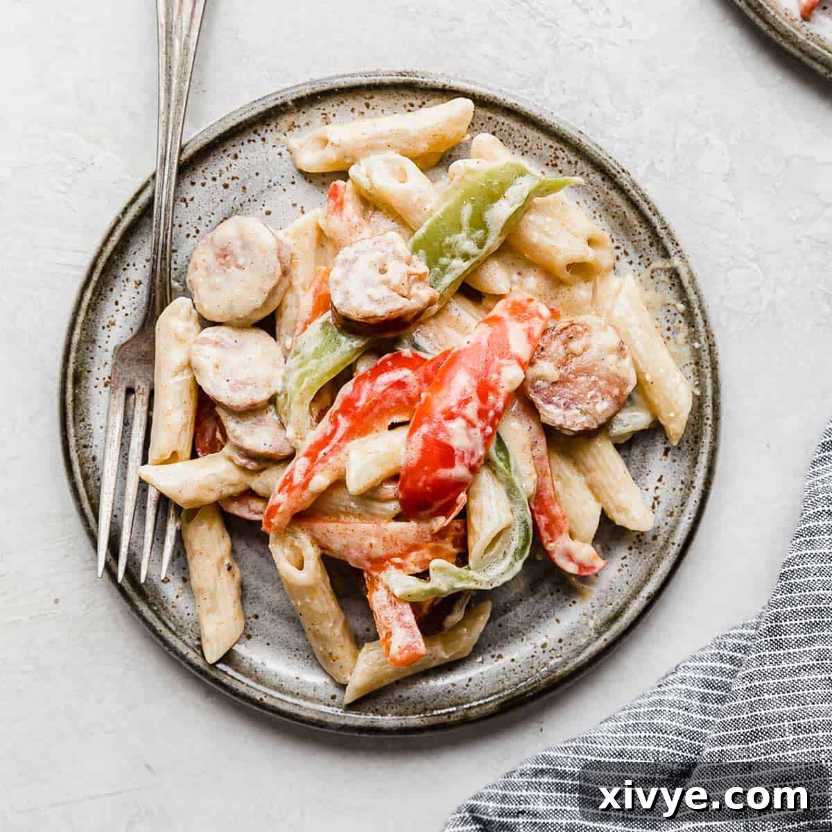 A delectable plate of Cajun Sausage Pasta, showcasing vibrant sliced green and red peppers in a rich, creamy sauce, beautifully arranged on a modern gray plate.