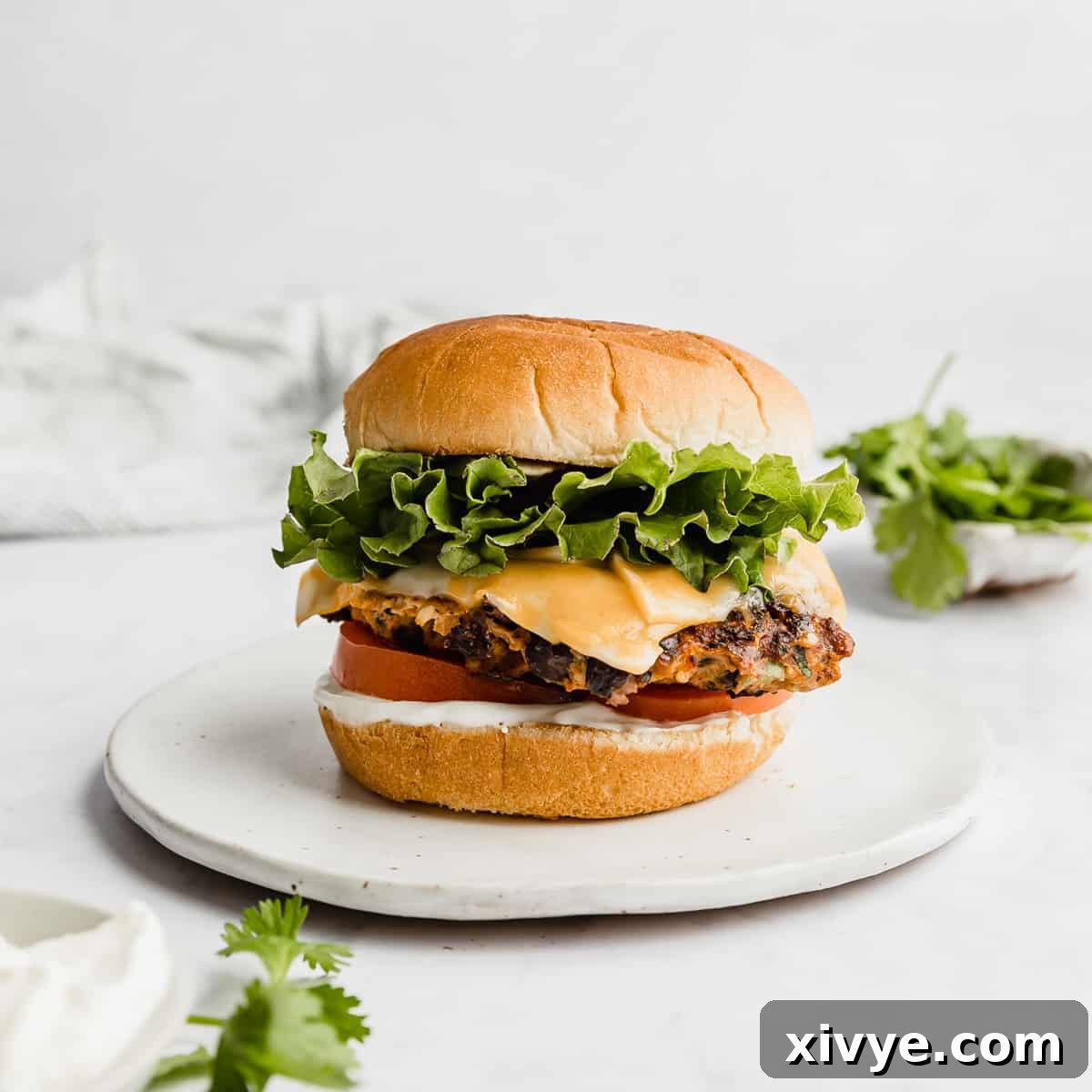 A vibrant Taco Turkey Burger, served on a soft bun with crisp lettuce, fresh tomatoes, and melting orange cheese, all set against a clean white background.