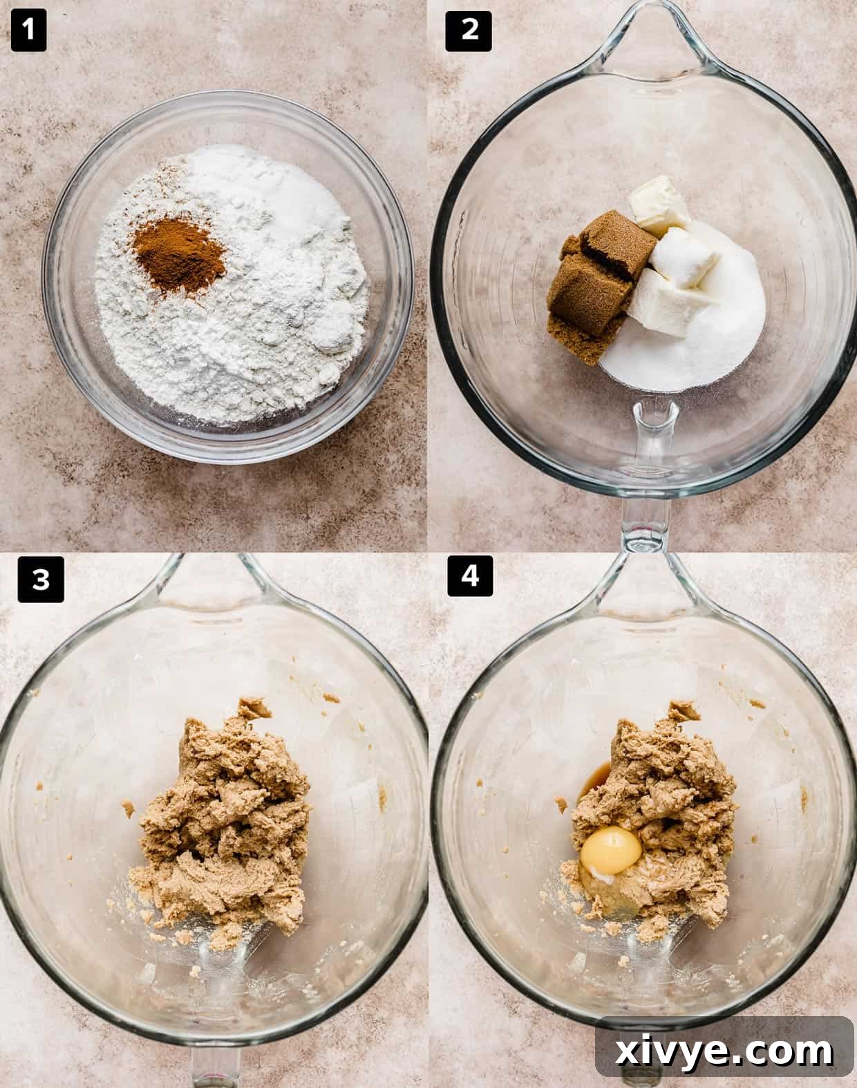 A four-photo collage illustrating the initial steps of making Butterscotch Chocolate Chip Cookies, from dry ingredients to creamed butter and sugars.