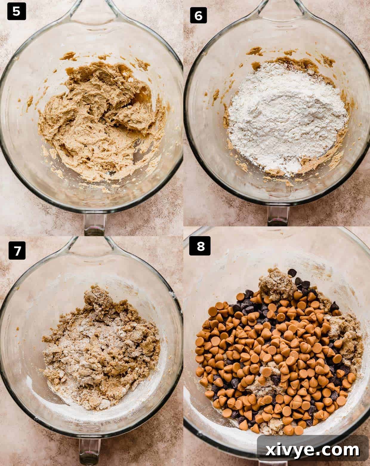 A four-photo sequence showing Butterscotch Chocolate Chip Cookie dough being prepared in a glass bowl, with chips added and gently mixed.