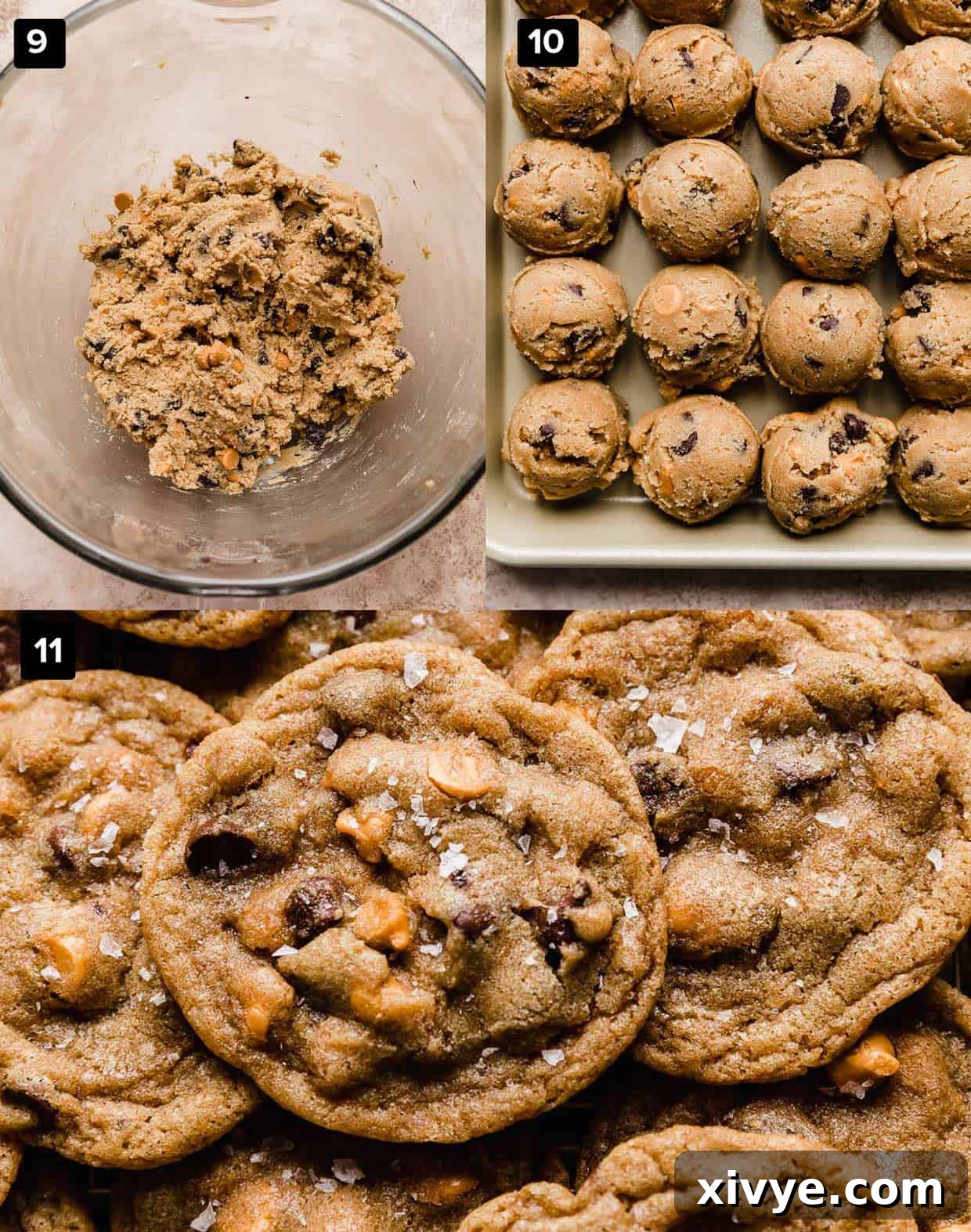 Three-part image showing Butterscotch Chocolate Chip Cookie dough in a bowl, formed into balls, and finally baked and golden brown.