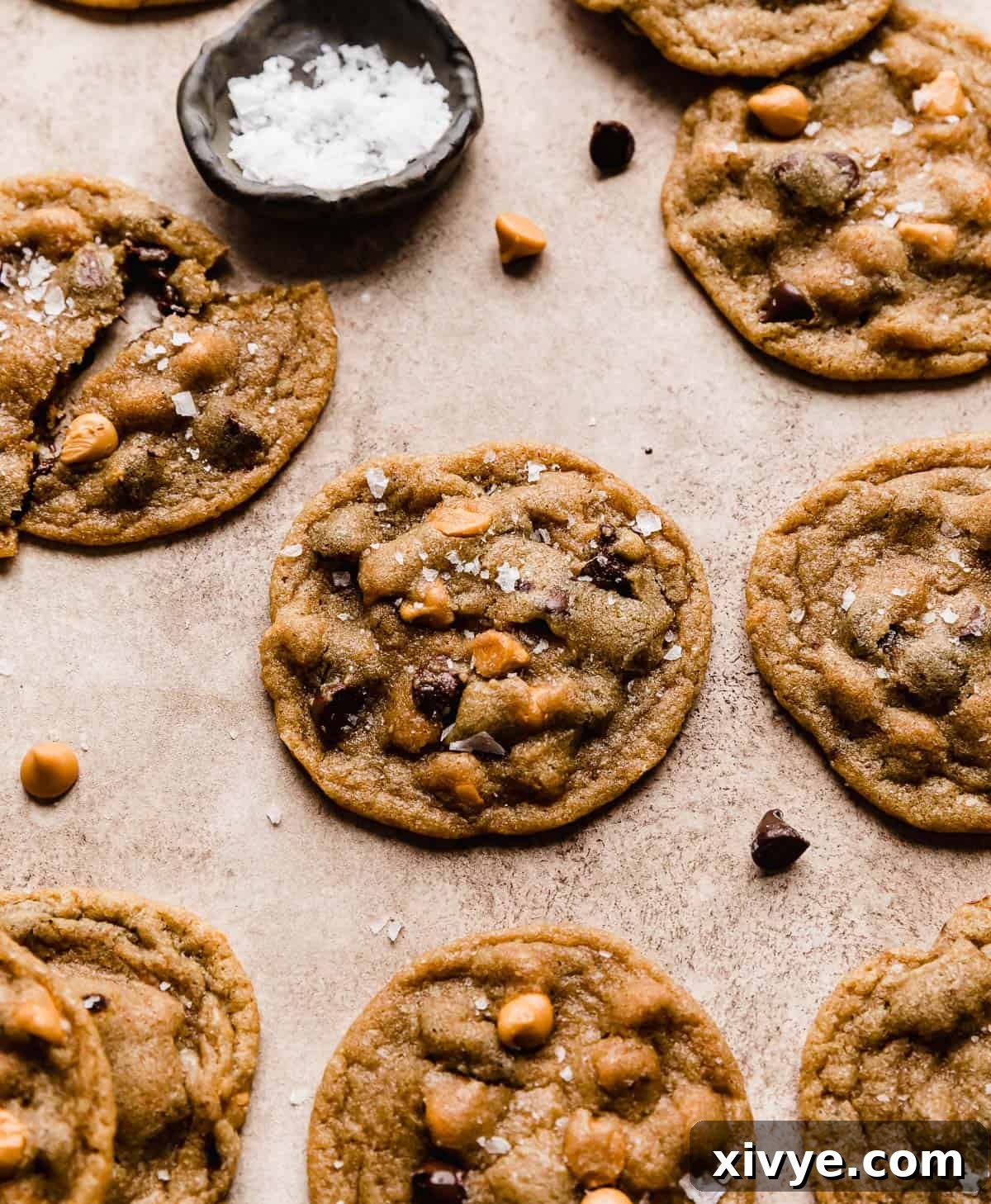 Warm Butterscotch Chocolate Chip Cookies on a light brown background with a small black bowl of flaky sea salt, highlighting the perfect topping.
